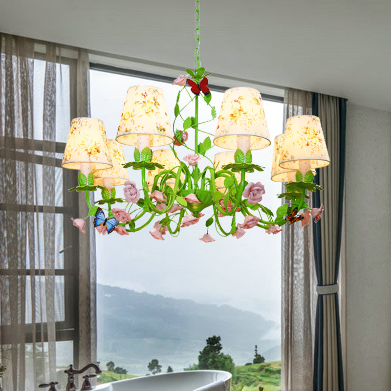 Tela Green Hanging Chandelier cónica 8 luces Costeo de iluminación tradicional hacia abajo para dormitorio