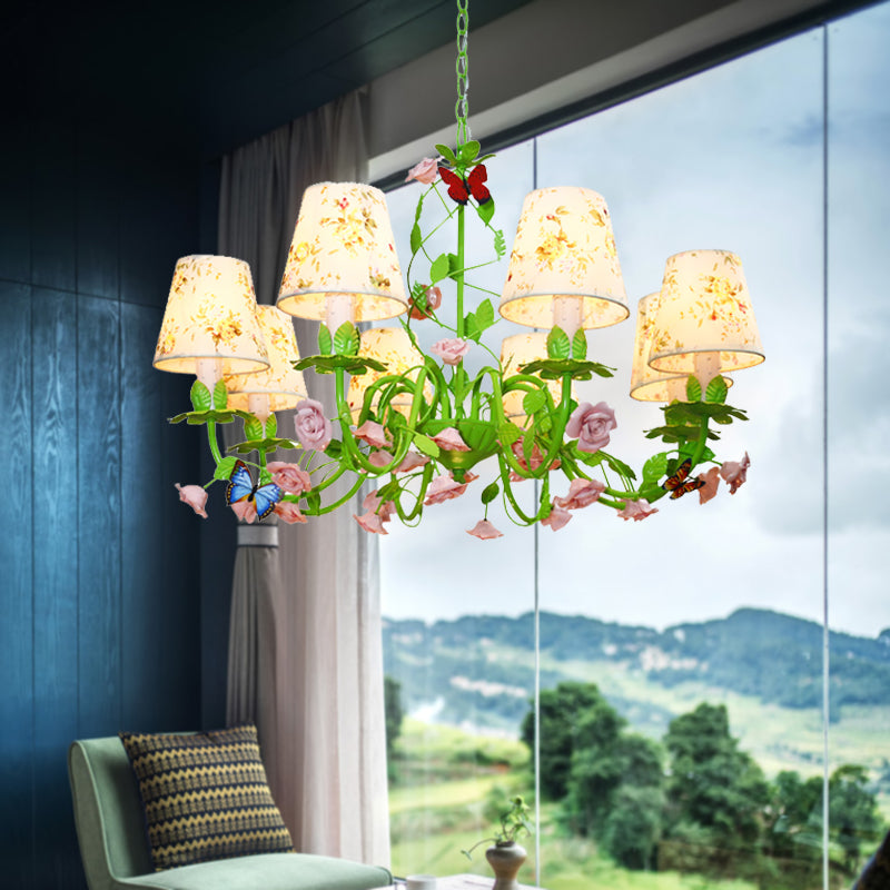 Tela Green Hanging Chandelier cónica 8 luces Costeo de iluminación tradicional hacia abajo para dormitorio