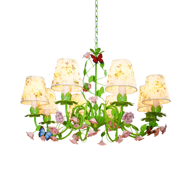 Tela Green Hanging Chandelier cónica 8 luces Costeo de iluminación tradicional hacia abajo para dormitorio