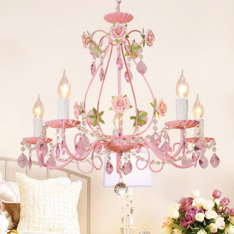 Crystal Pink Pendant Chandelier Candelabra 3/5/8 Lights Traditional Ceiling Hang Fixture for Living Room