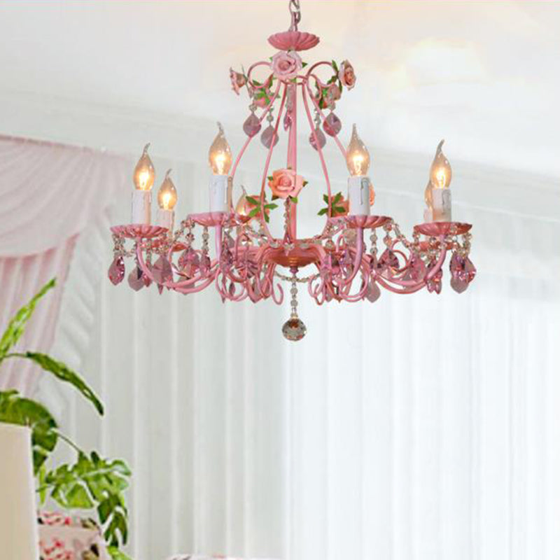 Crystal Pink Pendant Chandelier Candelabra 3/5/8 Lights Traditional Ceiling Hang Fixture for Living Room