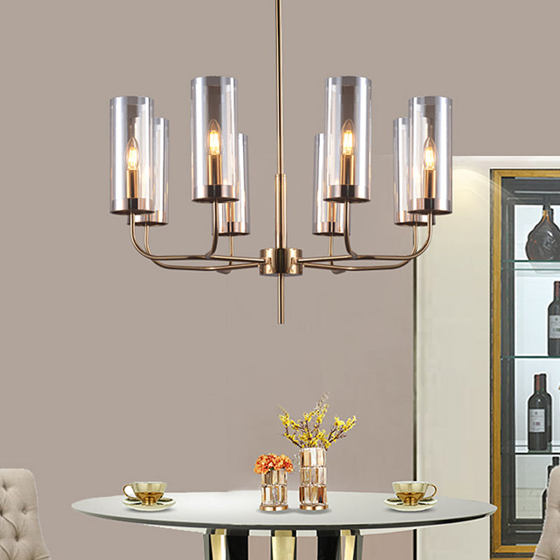 Cognac Glass Cylinder Hanging Chandelier Modern 8 Bulbs Ceiling Pendant Light for Dining Room