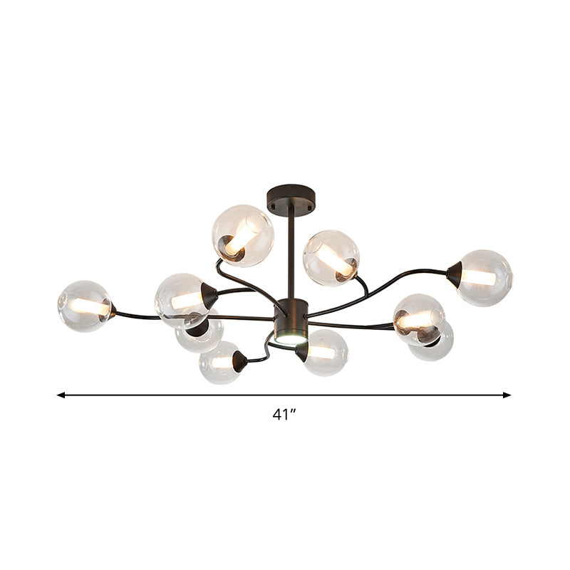 10 Heads Living Room Chandelier Lamp Modern Black Pendant Light Fixture with Orb Clear Glass Shade