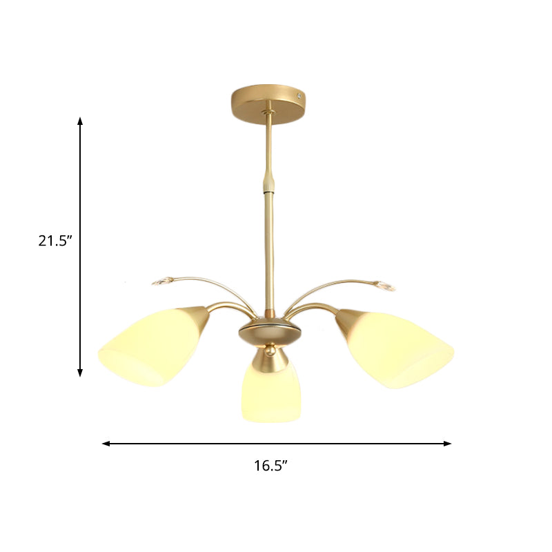 Modernism 3/6 Bulbs Hanging Chandelier Gold Flared Ceiling Pendant Light with White Glass Shade