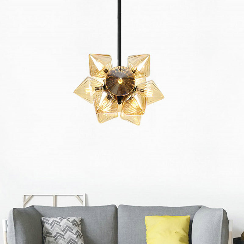 Diamond Chandelier Lamp Contemporary Amber Glass 9/12 Bulbs Living Room Hanging Pentant Light