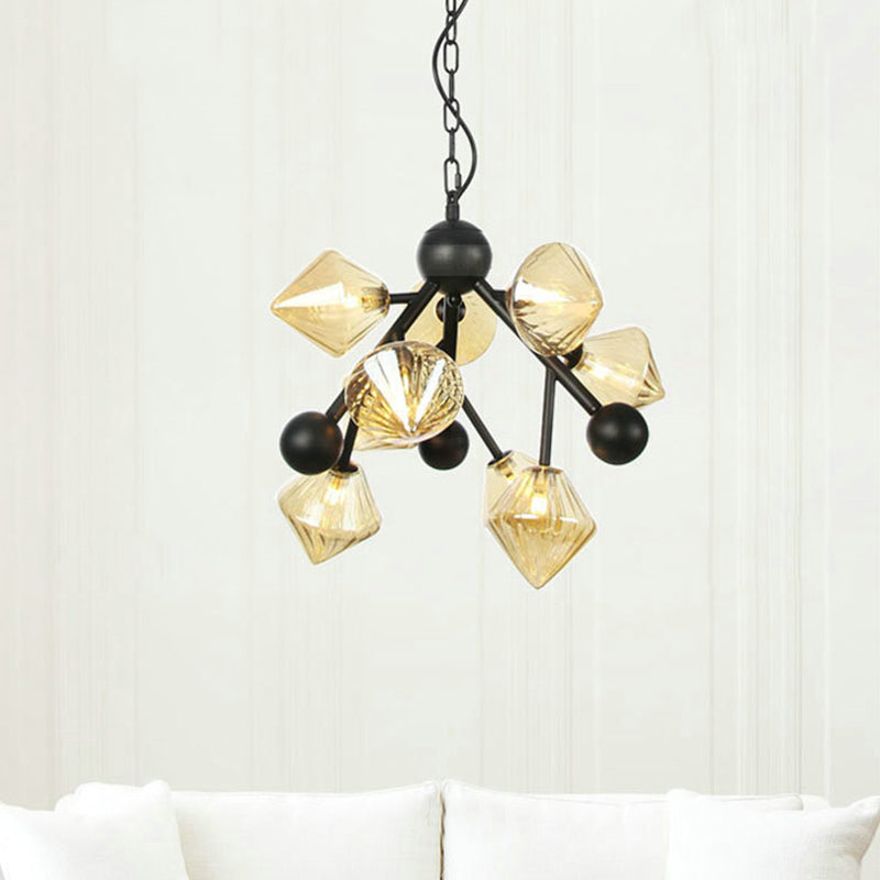 Pyramid Dining Room Ceiling Chandelier Amber Glass 9 Heads Modern Pendant Light Fixture
