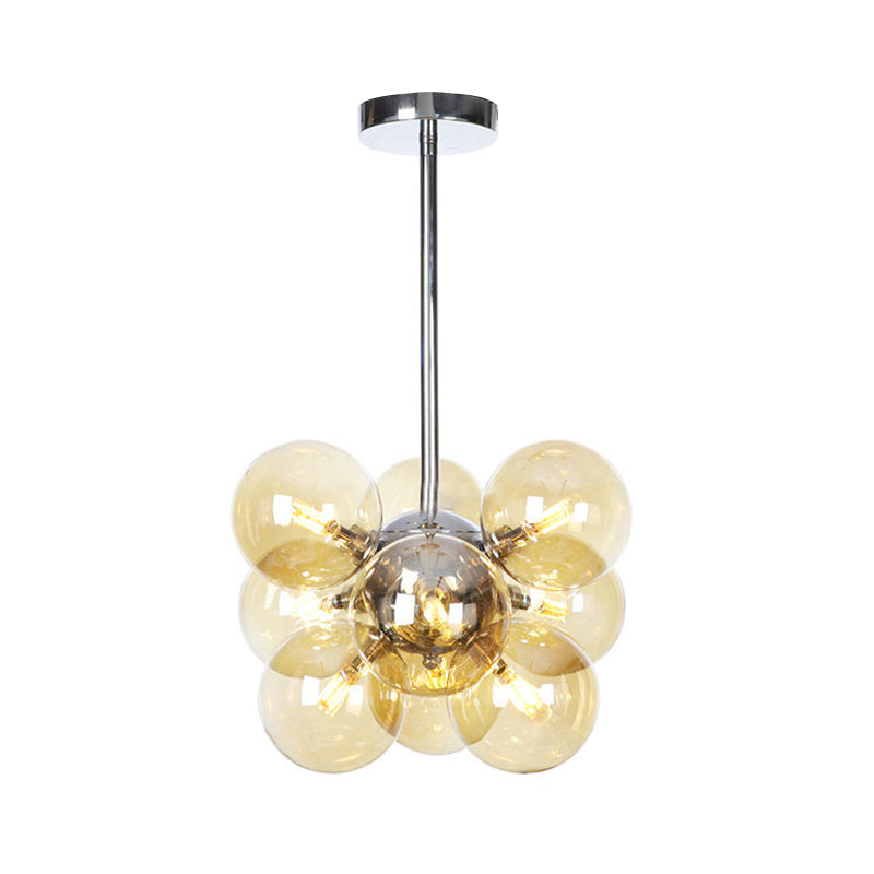Modern 9 Heads Chandelier Light Chrome Orb Pendant Lighting Fixture with Amber Glass Shade