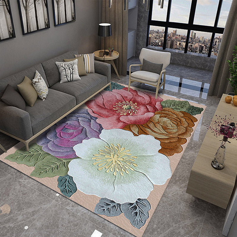 Red Living Room Indoor Rug Contemporary Plants Carpet Polyester Washable Rug