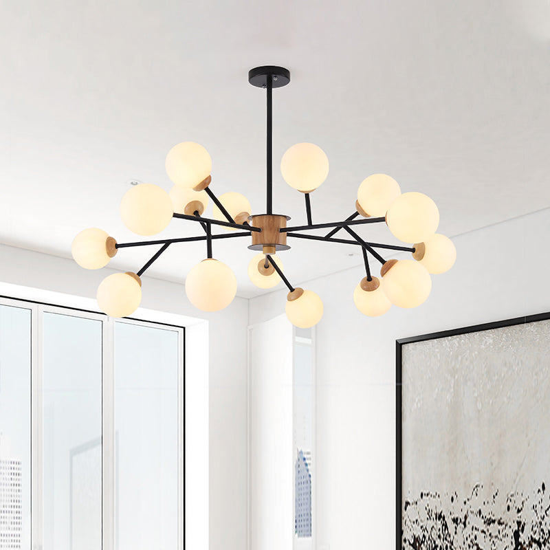 Milky Glass Sphere Hanging Chandelier Contemporary 6/15 Heads White/Black Suspended Lighting Fixture