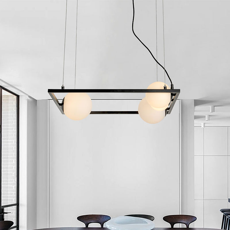 Black Frame Chandelier Lamp Modern 4 Heads Metal Pendant Light Fixture with Opal Glass Shade