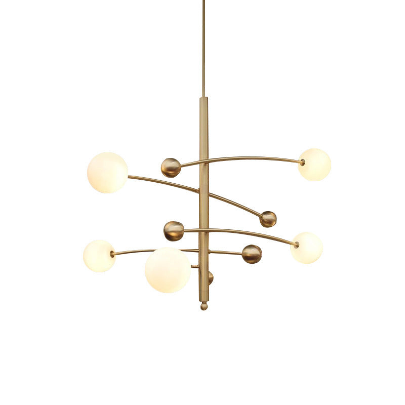 5 Bulbs Bedroom Chandelier Light Modern Gold Suspended Lighting Fixture with Ball Milk Glass Shade