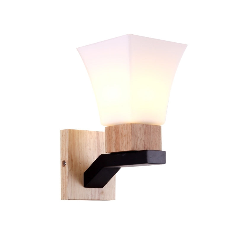 1 Head Wide Flare Sconce Light Contemporary White Glass Wall Mounted Lighting in Wood