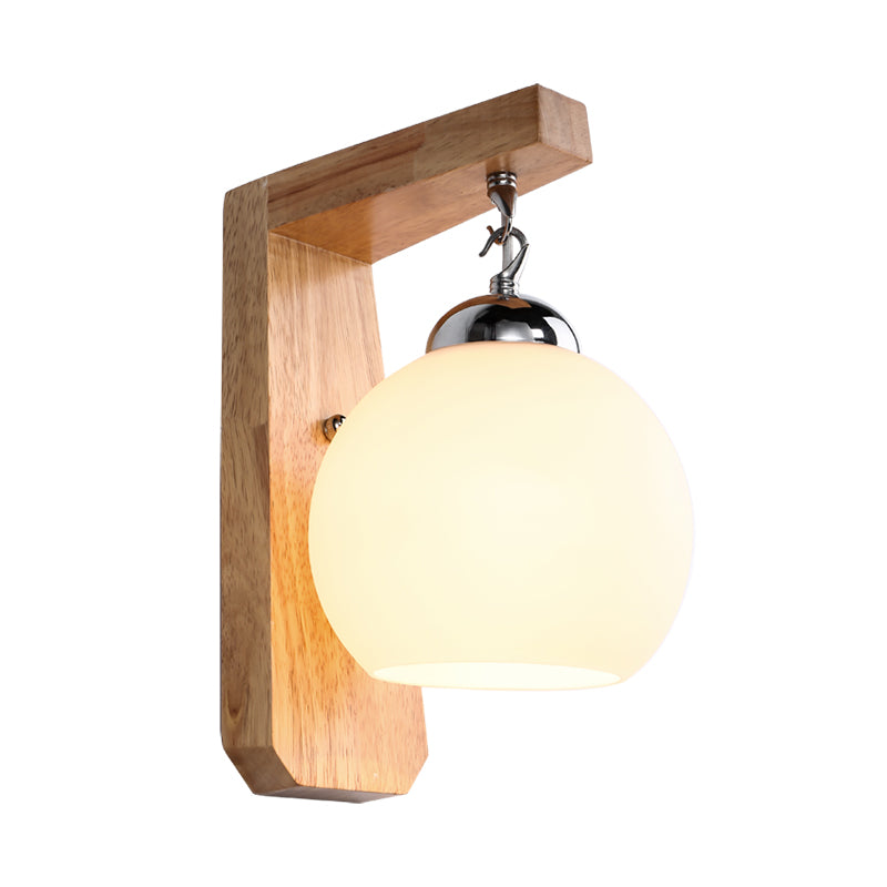 Wood Armed Sconce Light Asian 1 Head Beige Wall Lighting Fixture with Round White Glass Shade