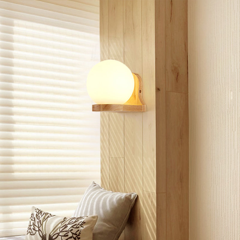 Modernism 1 Bulb Wall Lighting Wood Spherical Sconce Light Fixture with Milk Glass Shade