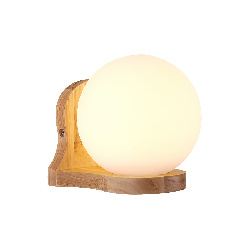 Modernism 1 Bulb Wall Lighting Wood Spherical Sconce Light Fixture with Milk Glass Shade