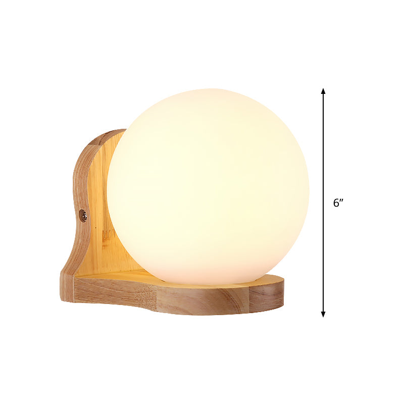 Modernism 1 Bulb Wall Lighting Wood Spherical Sconce Light Fixture with Milk Glass Shade