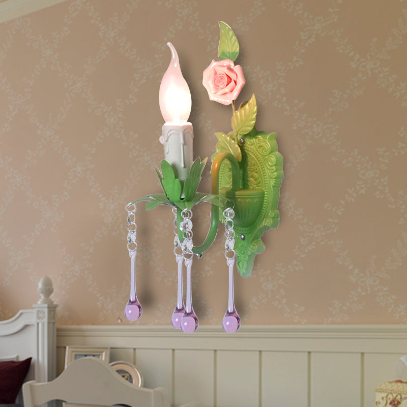 1 Bulb Wall Sconce Traditional Candlestick Faceted Crystal Wall Light Fixture in White/Green for Living Room