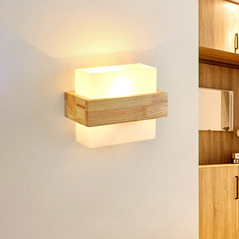 Holz Rechteck Wandlampe modernist 1 Kopf Beige Leuchte Leuchte mit weißem Glasschatten