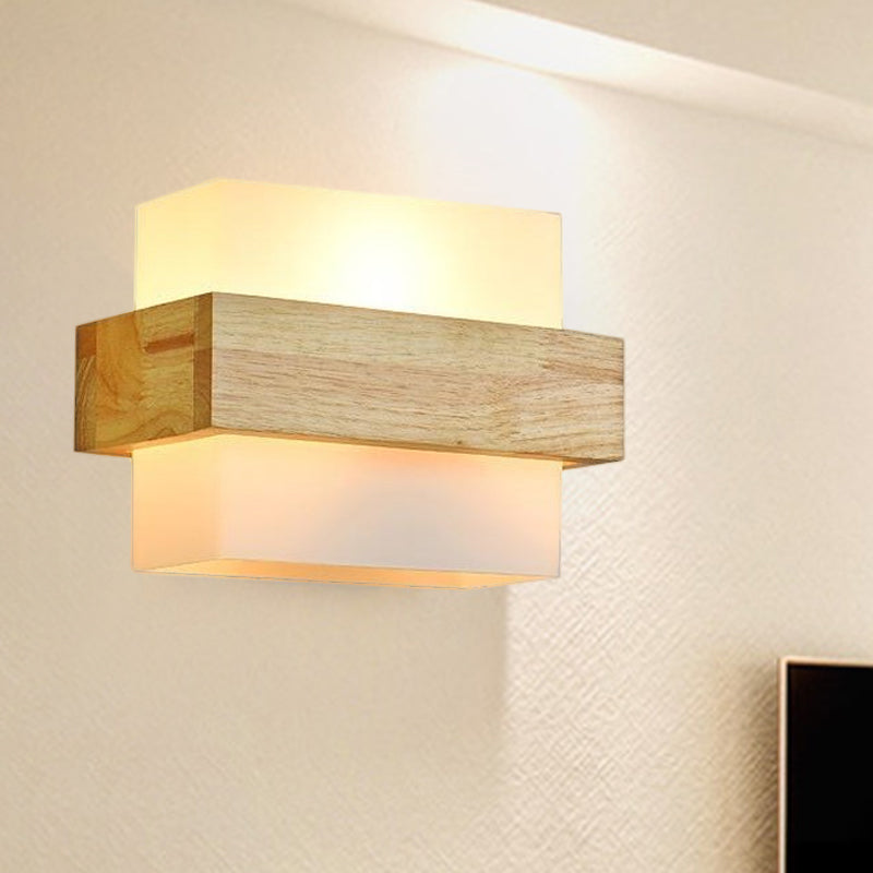 Holz Rechteck Wandlampe modernist 1 Kopf Beige Leuchte Leuchte mit weißem Glasschatten