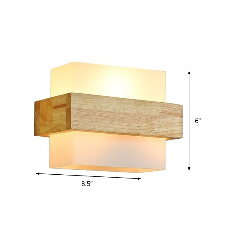 Holz Rechteck Wandlampe modernist 1 Kopf Beige Leuchte Leuchte mit weißem Glasschatten