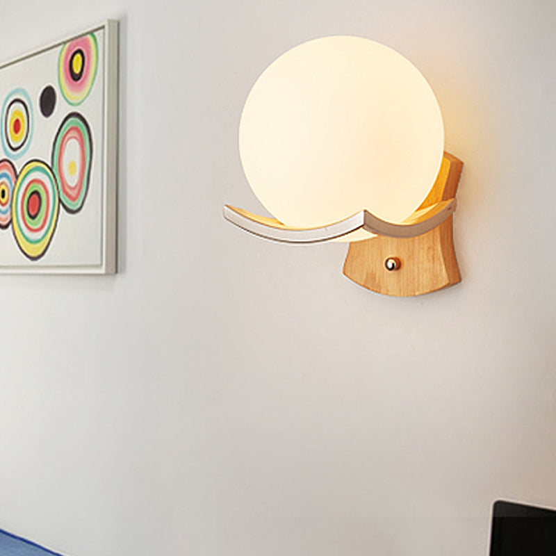 1 Head Stairway Wall Lamp Modernism Wood Sconce Light Fixture with Round Opal Glass Shade