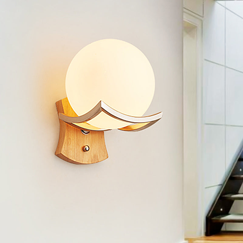 1 Head Stairway Wall Lamp Modernism Wood Sconce Light Fixture with Round Opal Glass Shade