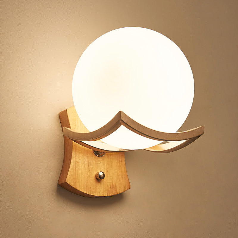 1 Head Stairway Wall Lamp Modernism Wood Sconce Light Fixture with Round Opal Glass Shade
