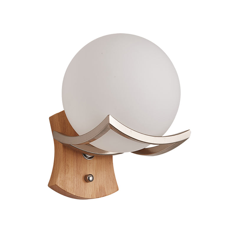 1 Head Stairway Wall Lamp Modernism Wood Sconce Light Fixture with Round Opal Glass Shade