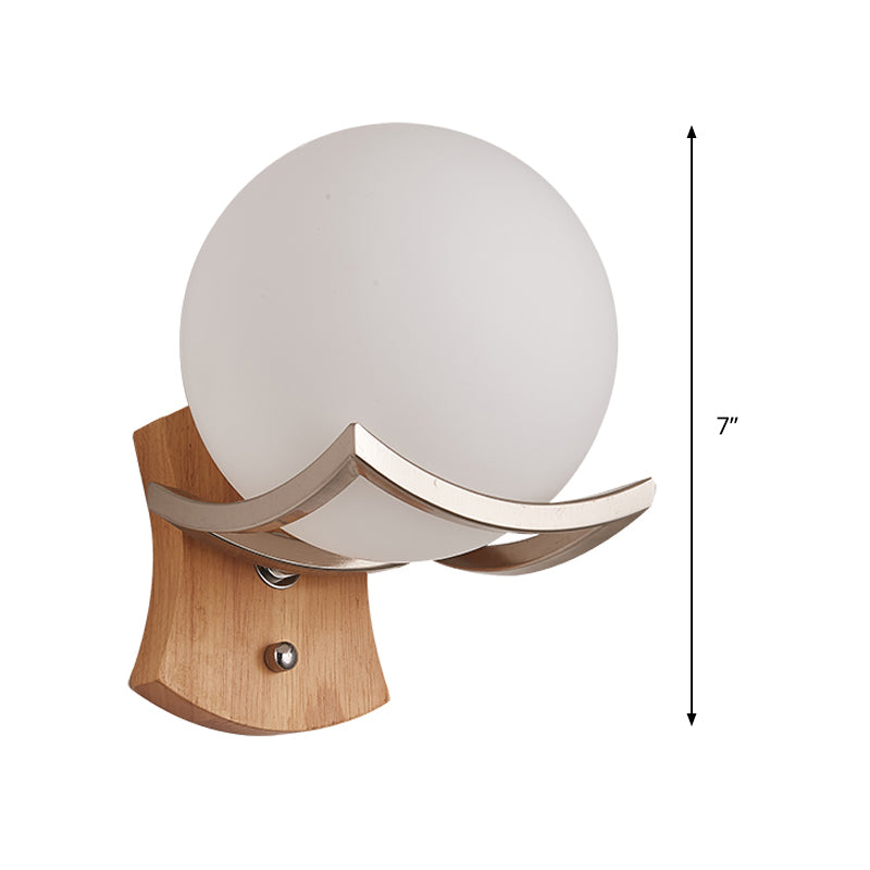 1 Head Stairway Wall Lamp Modernism Wood Sconce Light Fixture with Round Opal Glass Shade