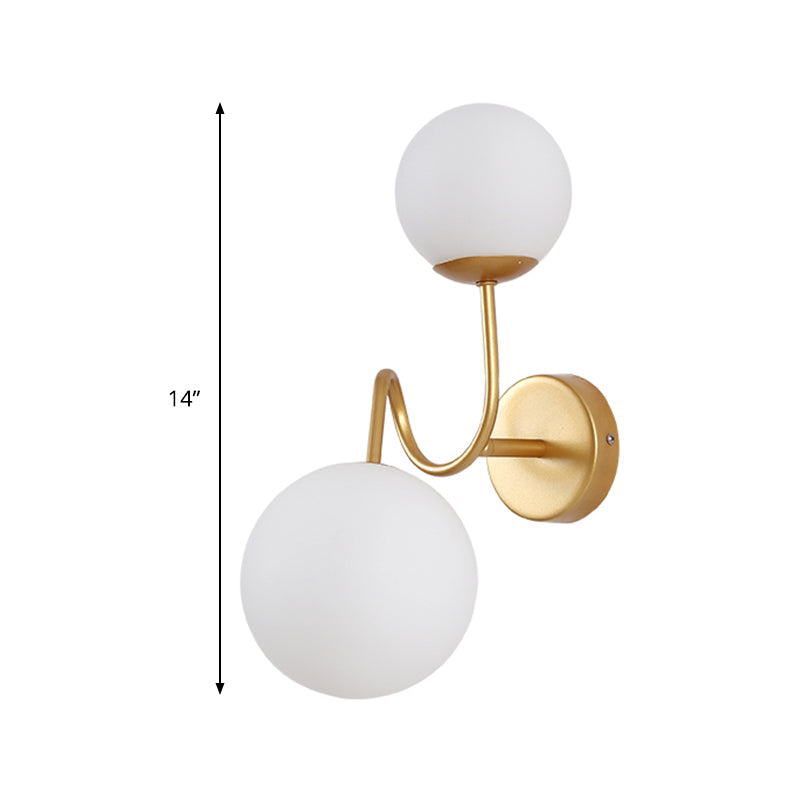 Metal Curved Arm Sconce Light Contemporary 2 Heads Wall Mounted Lamp in Gold with White Glass Shade