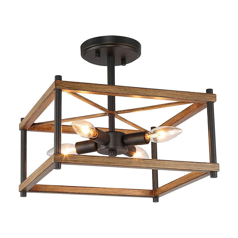 Wooden Black Ceiling Light in Industrial Vintage Style Wrought Iron Geometric Semi Flush Mount
