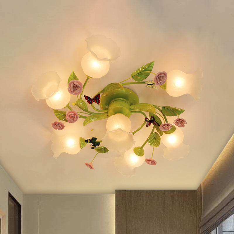 Spiral Bedroom Semi-Flush Mount Traditional Opaque Glass 4/7 Bulbs Green Ceiling Light Fixture