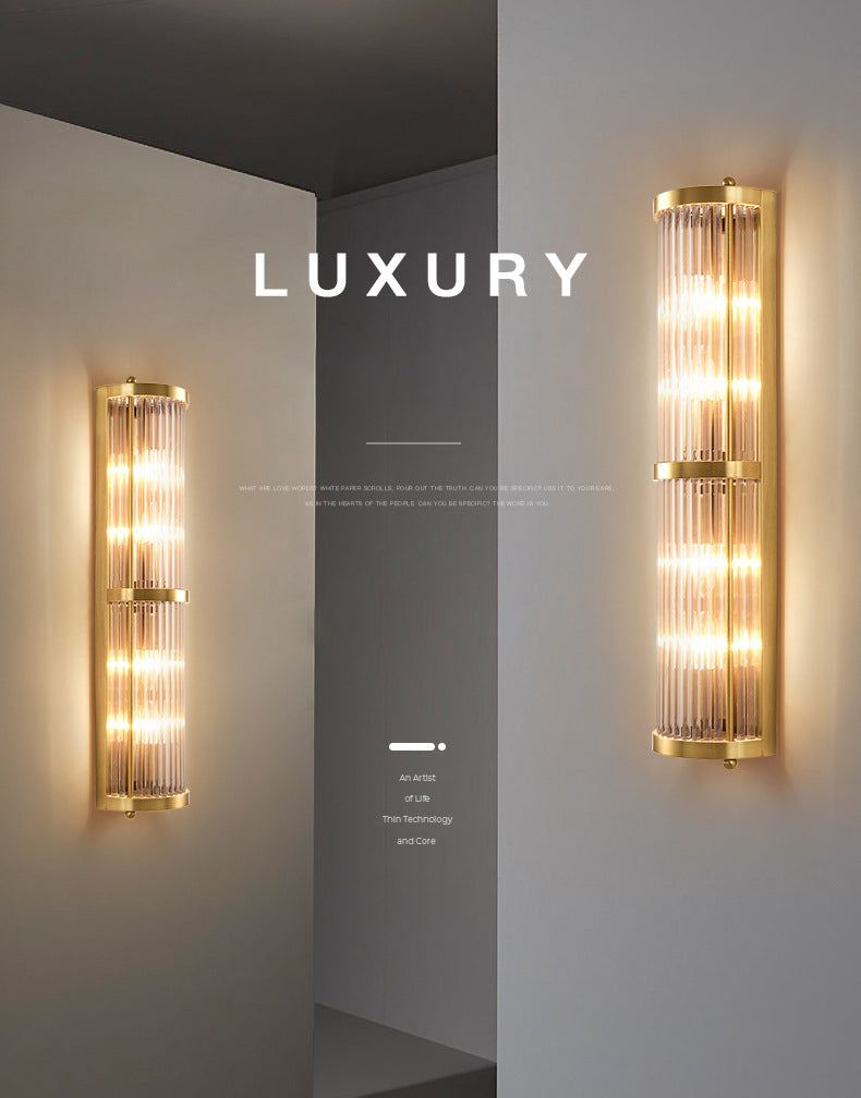 Luces de apliques cilíndricos cristalínicos transparentes Estilo moderno Lámpara de montaje de pared de 2 luces en oro