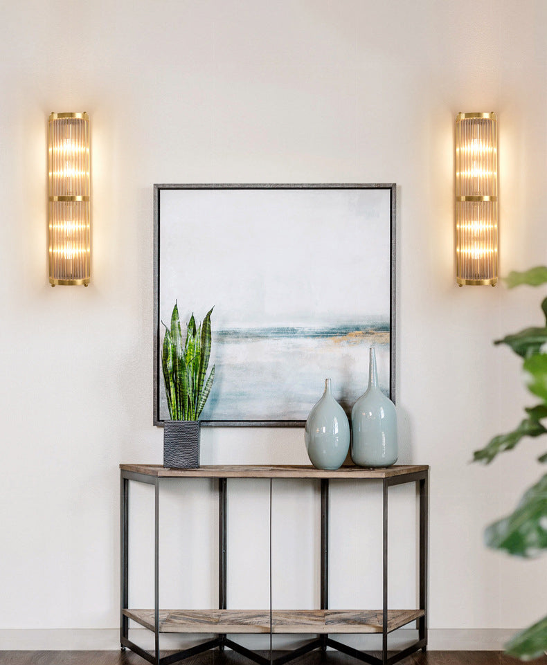 Luces de apliques cilíndricos cristalínicos transparentes Estilo moderno Lámpara de montaje de pared de 2 luces en oro