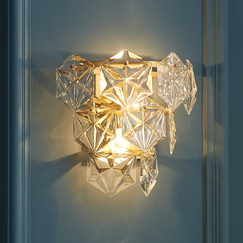 Tiered Wall Mounted Light Fixture Modern Style Clear Crystal 2-Lights Sconce in Gold