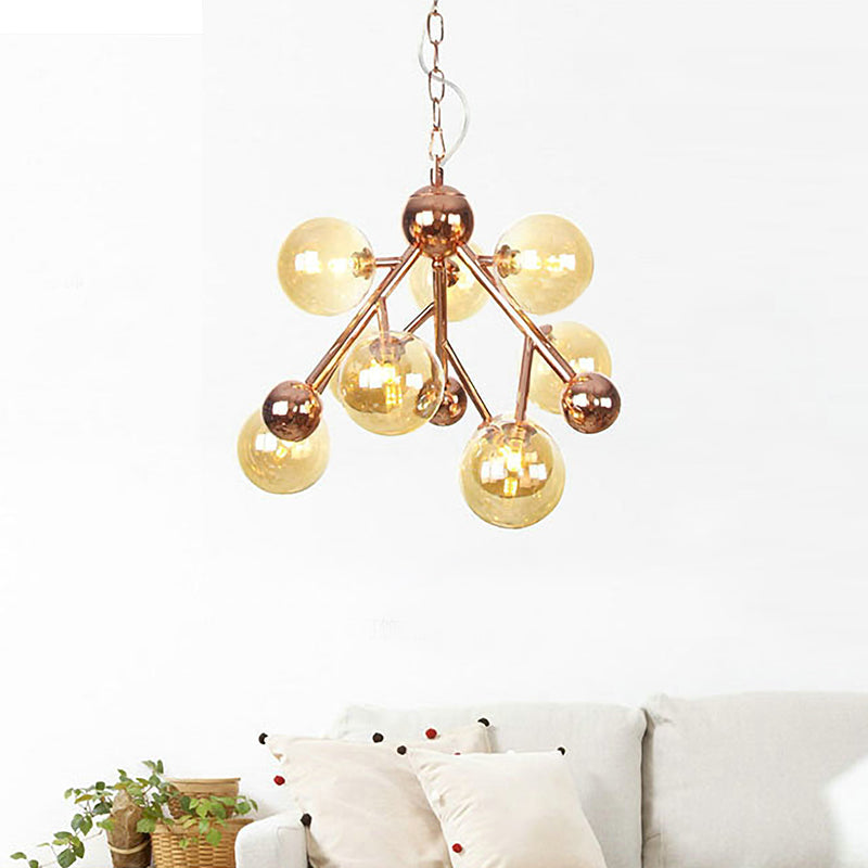 Spherical Living Room Chandelier Light Amber Glass 9 Heads Modern Ceiling Suspension Lamp