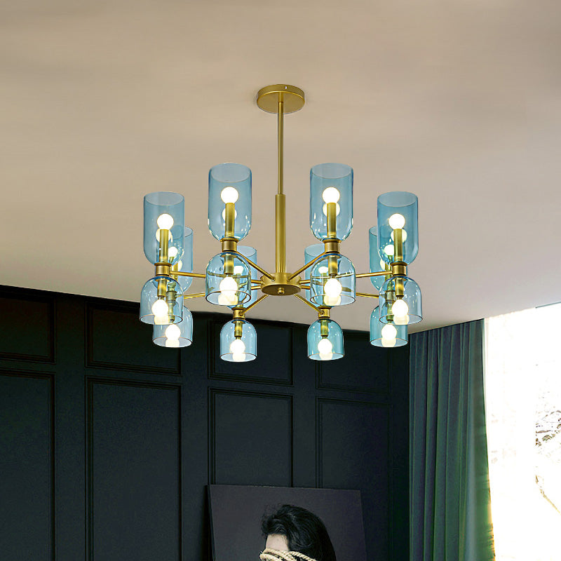 Modernist 16 Heads Chandelier Lamp Black/Gold Cylinder Hanging Pendant Light with White/Blue Glass Shade