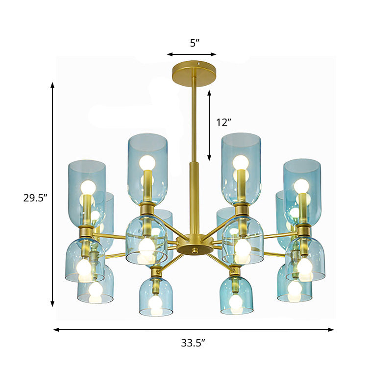 Modernist 16 Heads Chandelier Lamp Black/Gold Cylinder Hanging Pendant Light with White/Blue Glass Shade