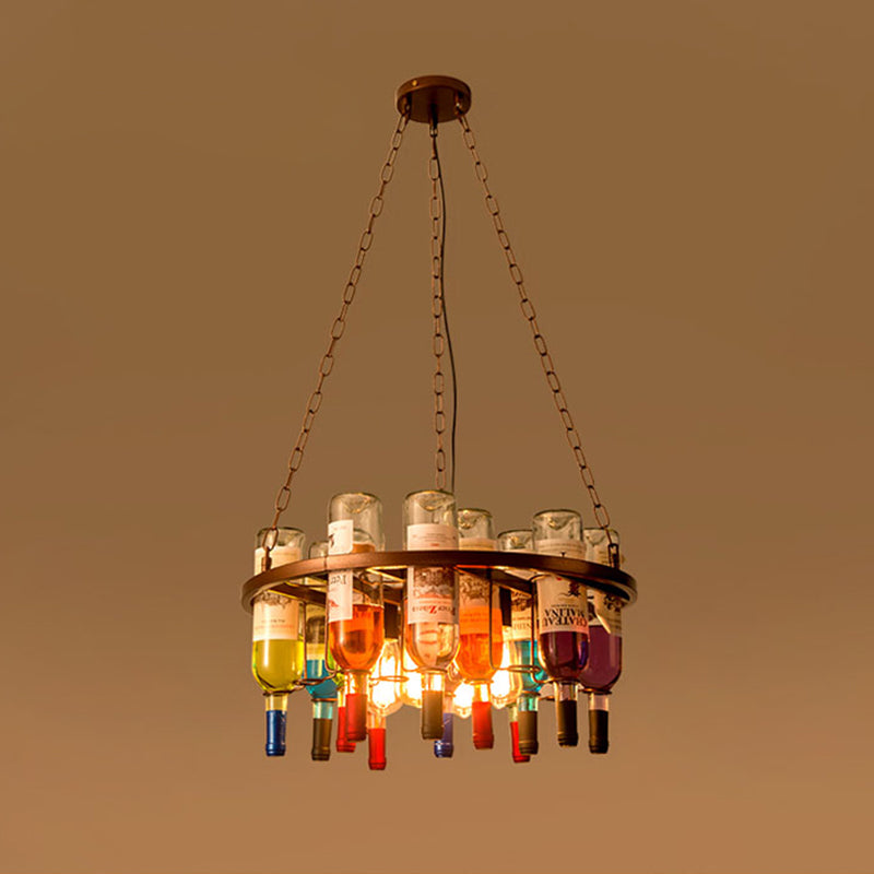 Luz colgante geométrica negra en lámpara colgante de hierro de estilo industrial con decoración de botellas de vino