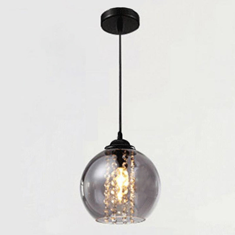 Dîner sphérique Lampe suspendue Verre fumée 1 lumière pendante moderne avec décor en cristal