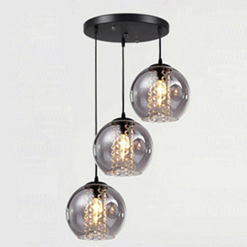 Dîner sphérique Lampe suspendue Verre fumée 1 lumière pendante moderne avec décor en cristal
