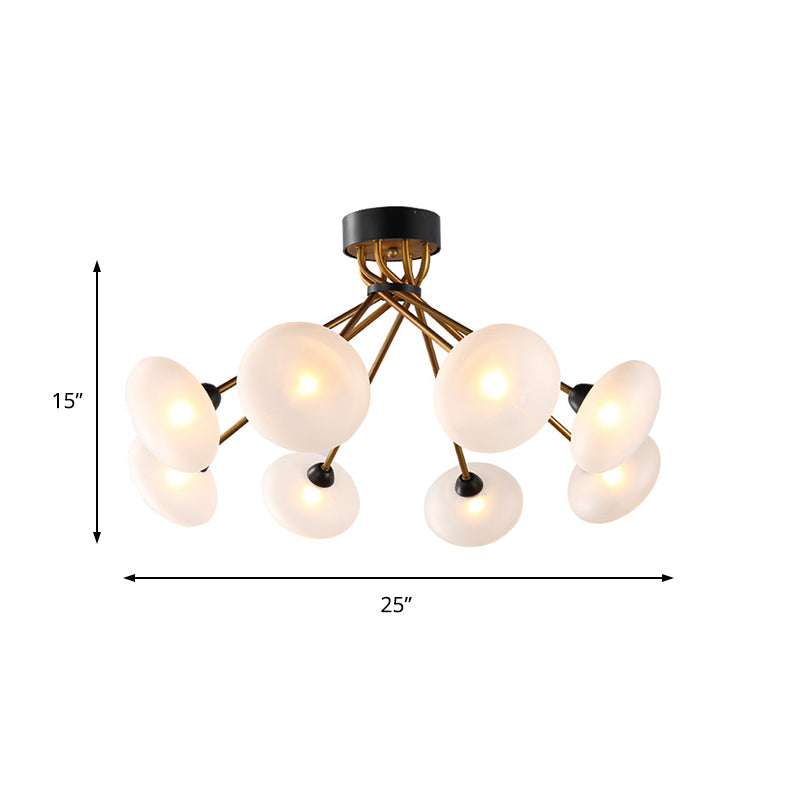 Frosted Glass Circle Semi Flush Light Modern 8/10 Bulbs Black and Gold Ceiling Mounted Fixture