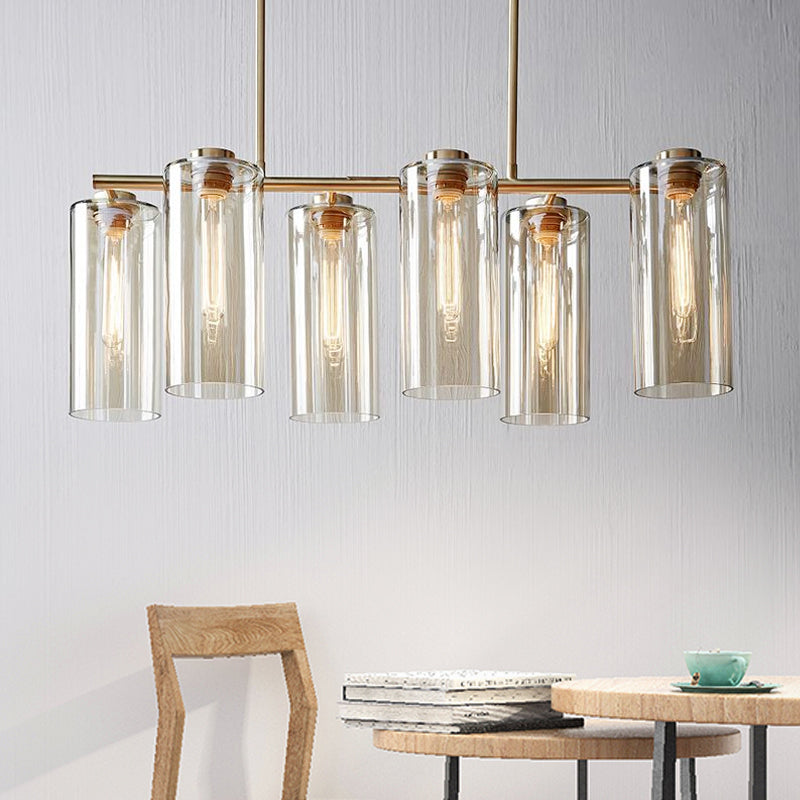 6 Bulbs Dining Room Island Light Modern Champagne Pendant Lighting Fixture with Cylindrical Cognac Glass Shade