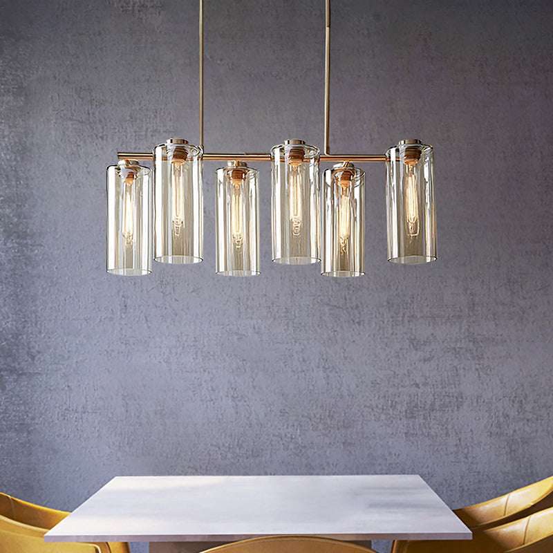 6 Bulbs Dining Room Island Light Modern Champagne Pendant Lighting Fixture with Cylindrical Cognac Glass Shade