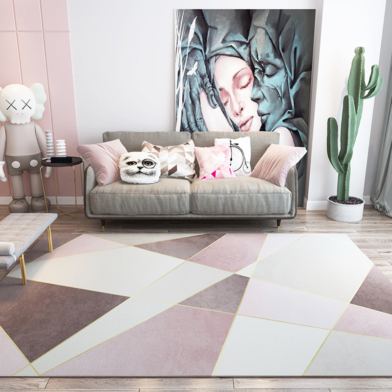 Multicolor Bedroom Carpet Modern Geometric Splicing Area Rug Polyester with Non-Slip Backing Rug