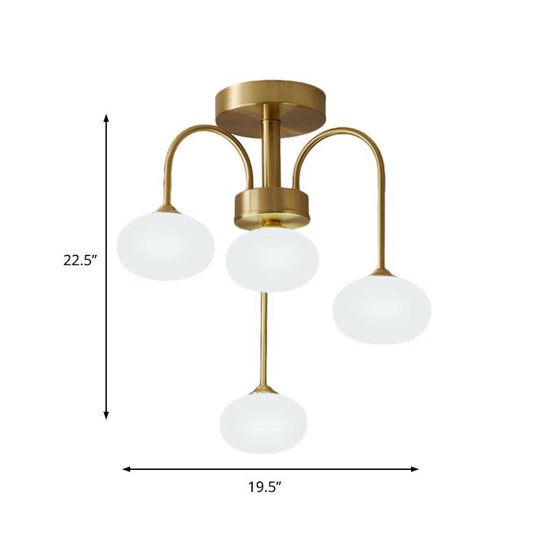 Milchglas Oval Semi Flush Modernist 4/6 Köpfe Gold Deckenmontageleuchte mit Metallkrümmungsarm