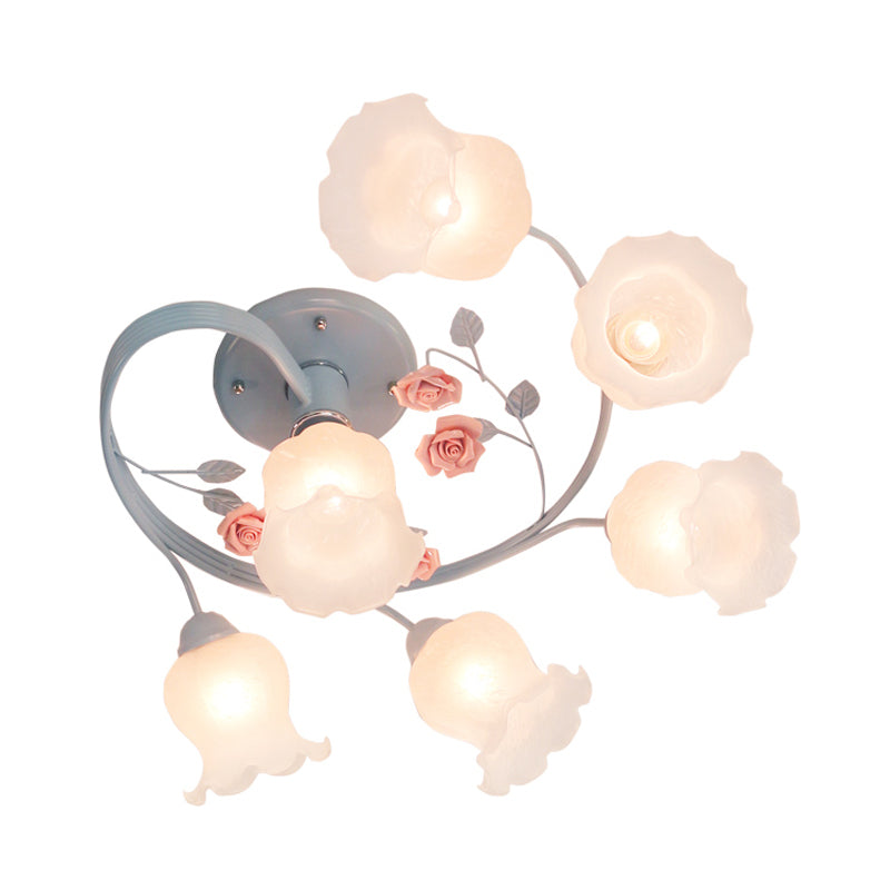 Éclairage de plafond en spirale en verre ivoire pastoral 6 têtes salon semi-luminaire luminaire de montage en bleu / rose