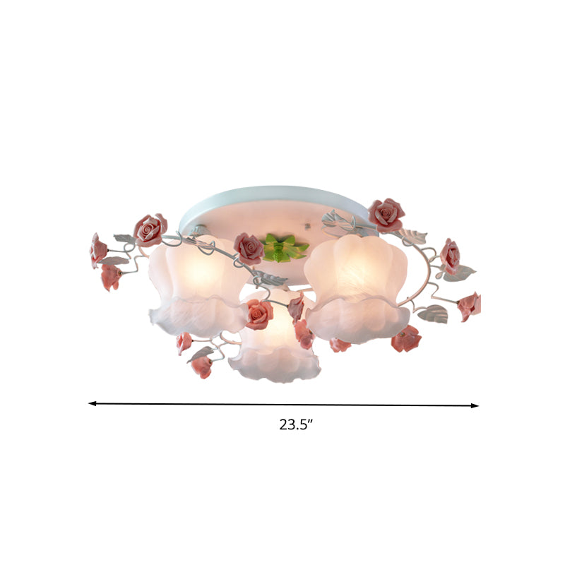Lámpara empotrada de vidrio ópalo soplado con boca rosa para montaje en techo, 3 bombillas, color rosa, para dormitorio