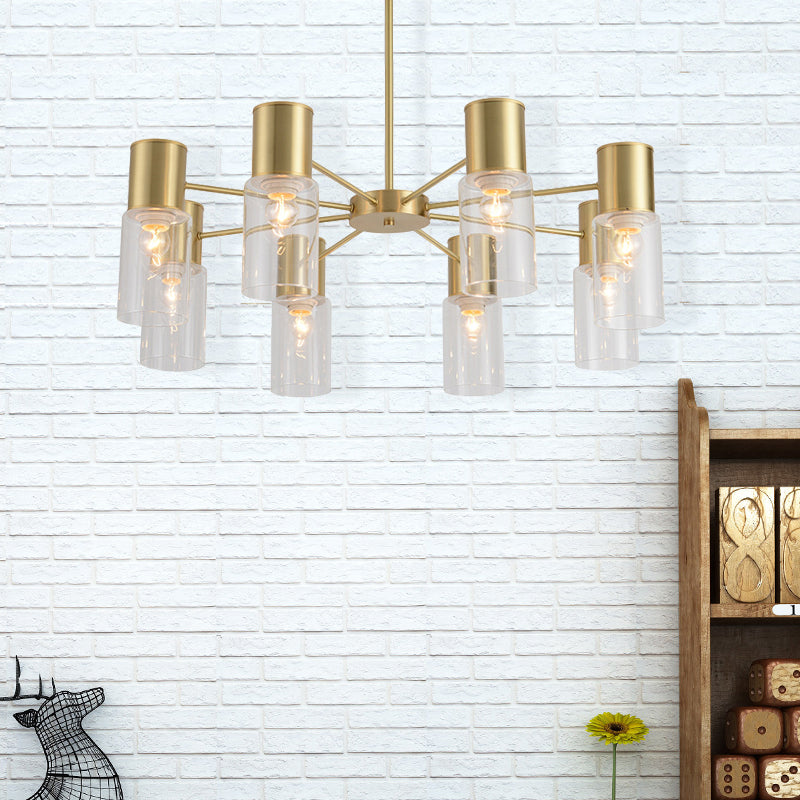 Modern 8 Heads Chandelier Lamp Brass Tubular Hanging Pendant Light with Clear Glass Shade