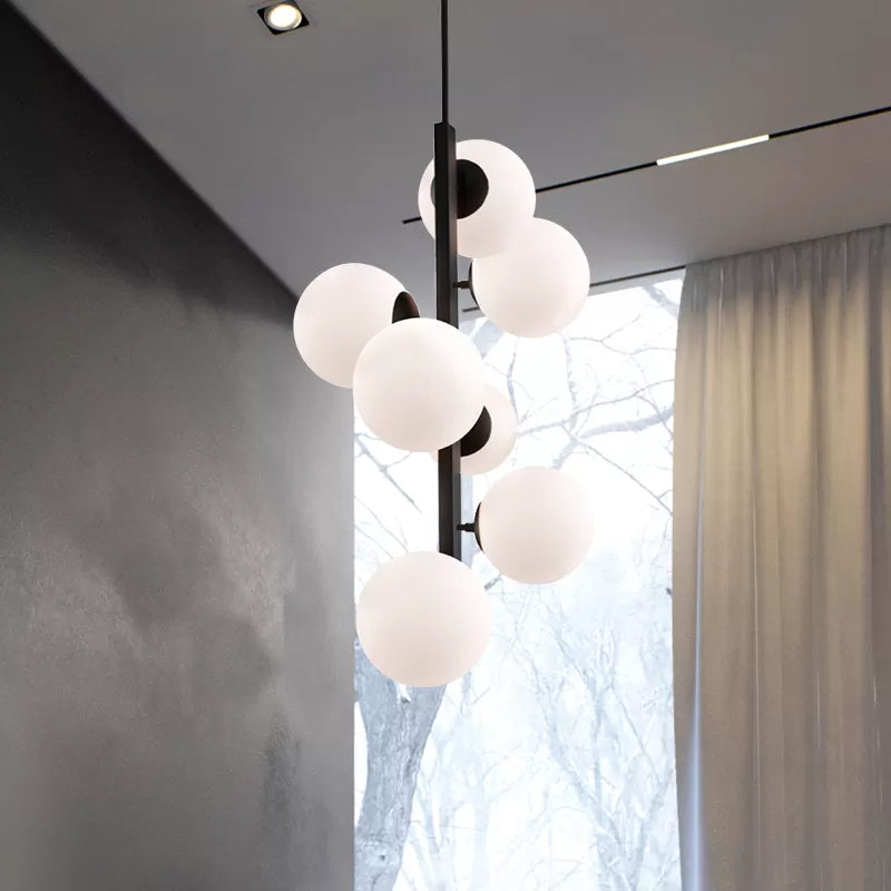 Black Round Hanging Chandelier Contemporary 7 Bulbs Opal Glass Ceiling Suspension Lamp